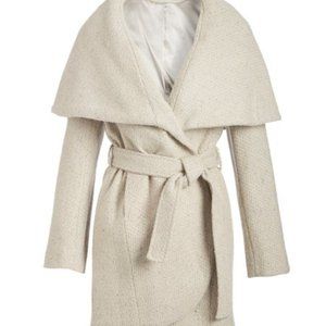 T Tahari | Neutral Tweed Handmade Double Face Marla Wrap Coat - Women SMALL
